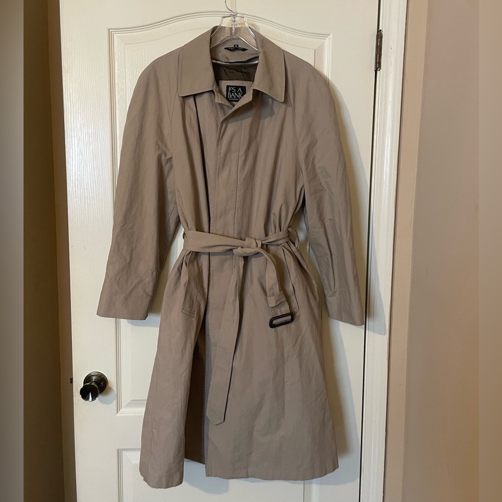 Jos A Bank Size 38S Belted Trench Coat Tan Cotton Blend Removable Flannel Lining